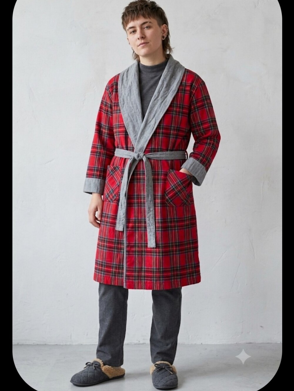 Vermont Country Store Red Tartan Plaid Robe L Lined Shawl Collar Tie Belt